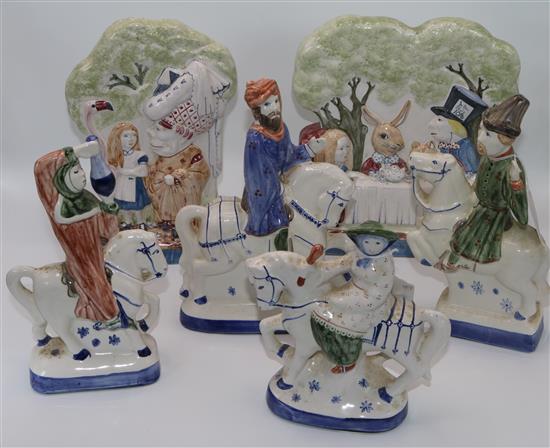 Four Rye Pottery Canterbury Tales figures and two Alice in Wonderland flatbacks